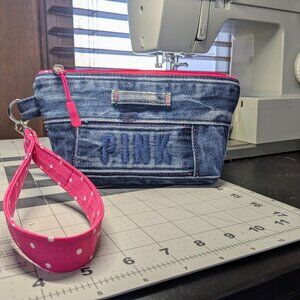 Denim Pouch w/ pink wristlet & lining